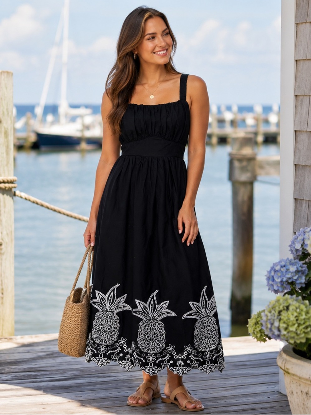 London Times NWT Black Pineapple Embroidered Cotton Midi Dress Size S
